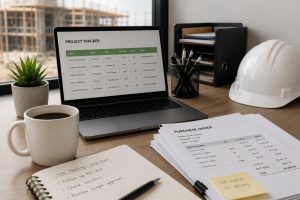 Construction administration desk with project tracker, purchase order documents and hard hat in an Australian construction office.