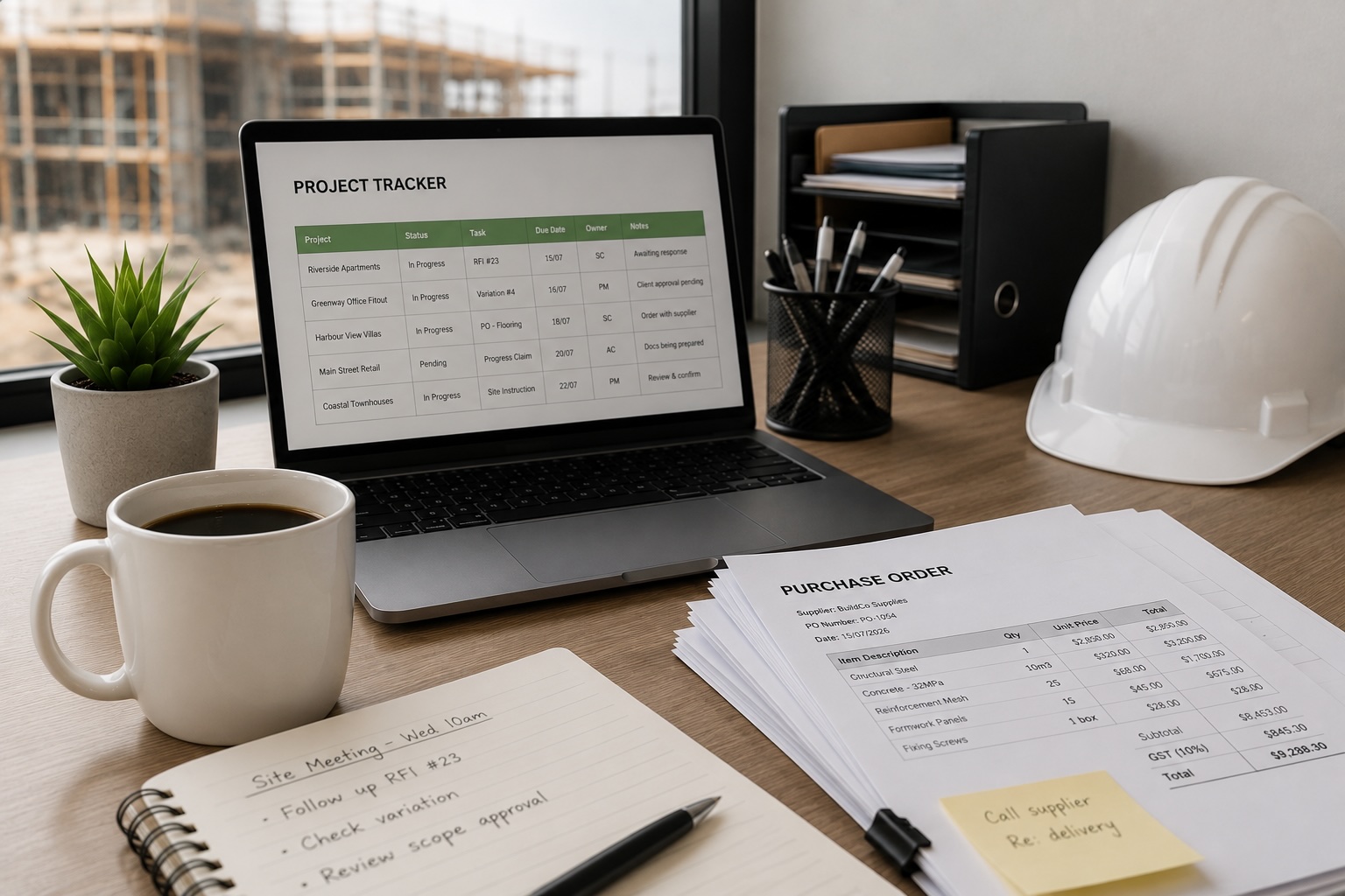 Construction administration desk with project documents